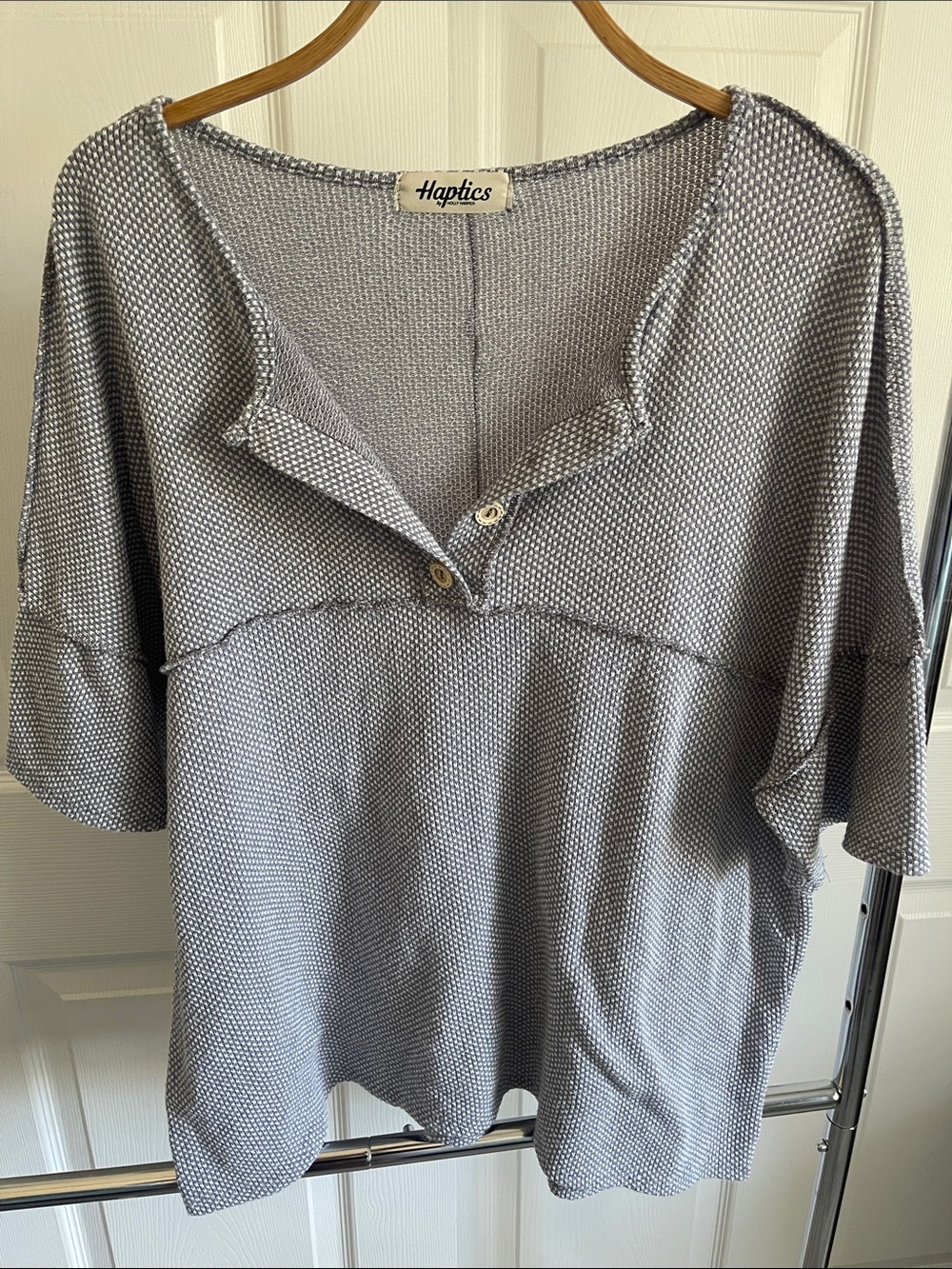Women's Gray Textured Henley Knit Top